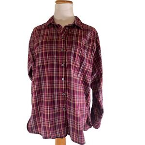 Loft Casual‎ Comfortable Plaid Button Down Long Sleeve Burgundy Gold Top Size M